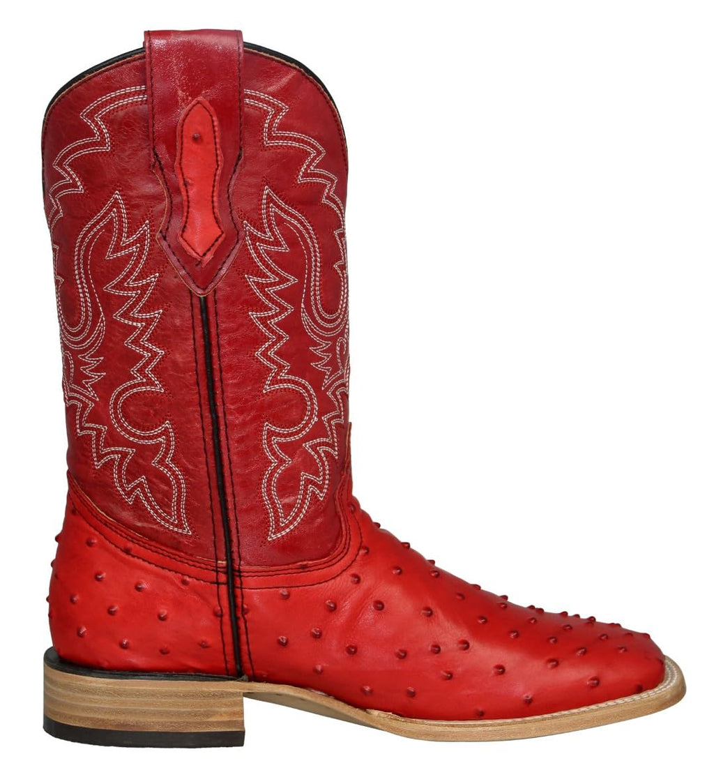 Red Ostrich Quill Print Leather Square Toe Western Cowboy Boots U3877