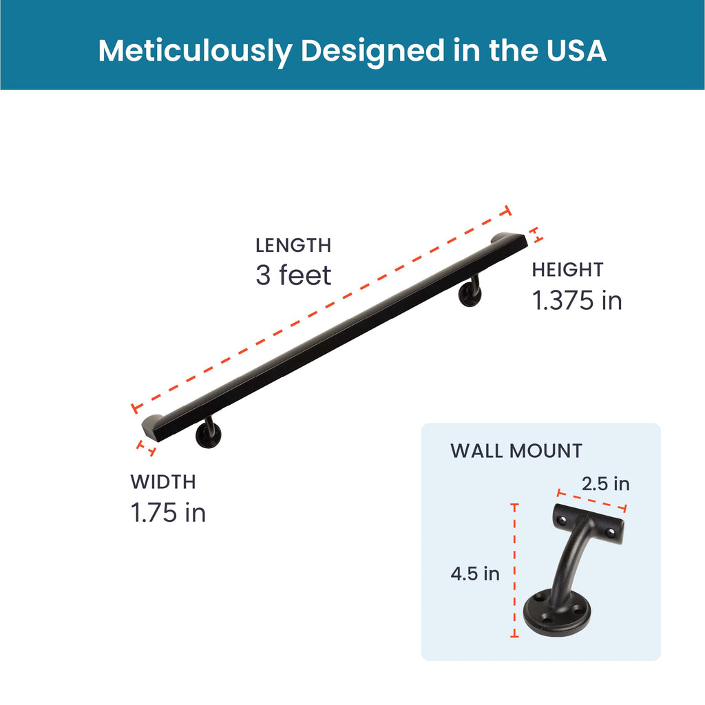 Aluminum Handrail Kit with Wall Mount Brackets, Black Textured, 3' Length F267903