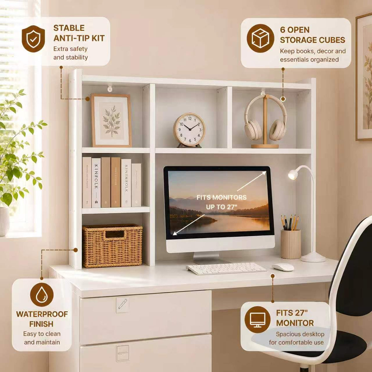 White Desk Hutch with 5 Shelves X9458