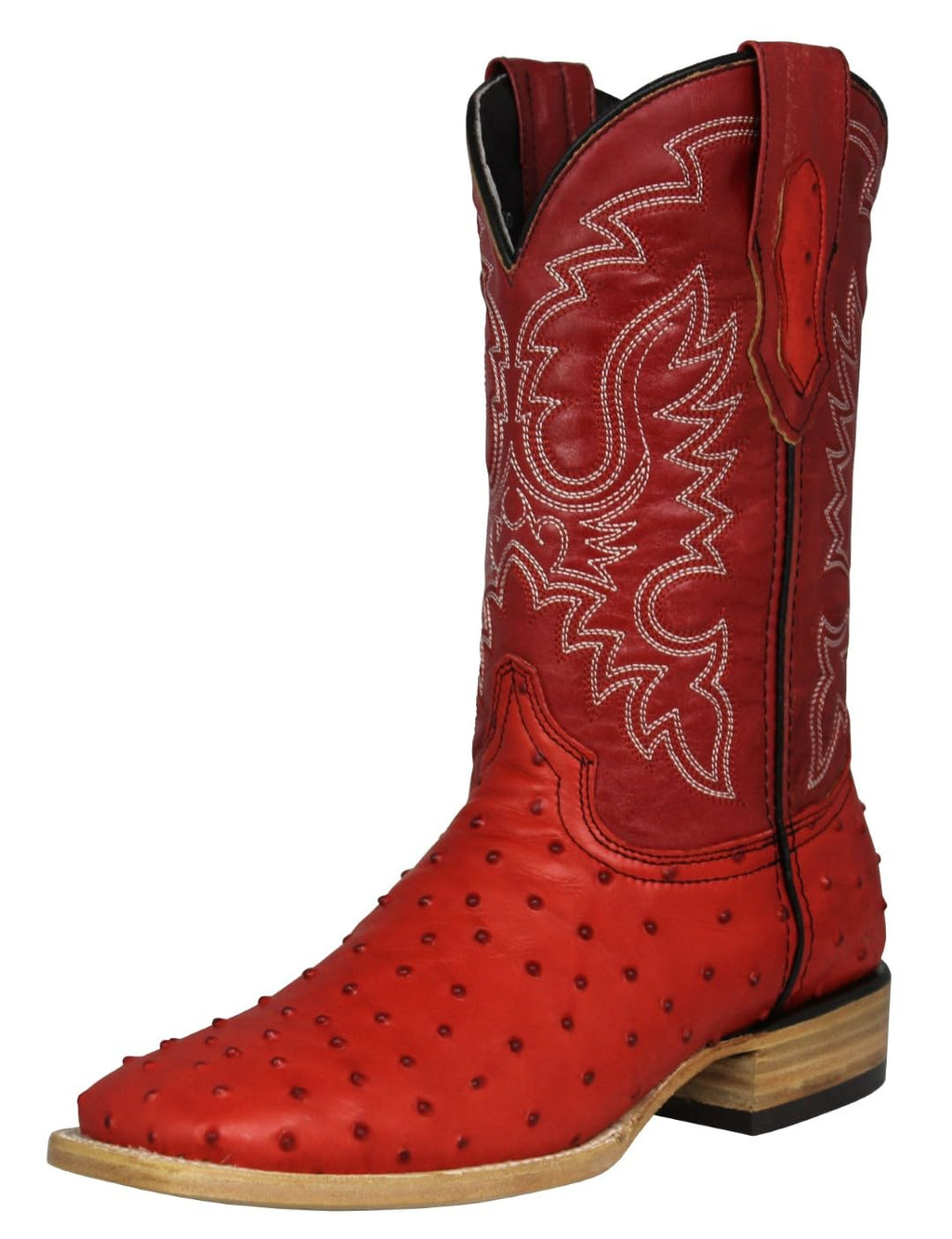 Red Ostrich Quill Print Leather Square Toe Western Cowboy Boots U3877