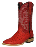 Red Ostrich Quill Print Leather Square Toe Western Cowboy Boots U3877