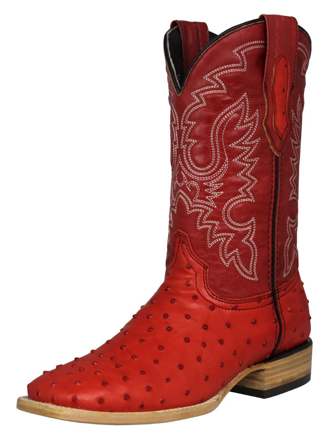 Red Ostrich Quill Print Leather Square Toe Western Cowboy Boots U3877