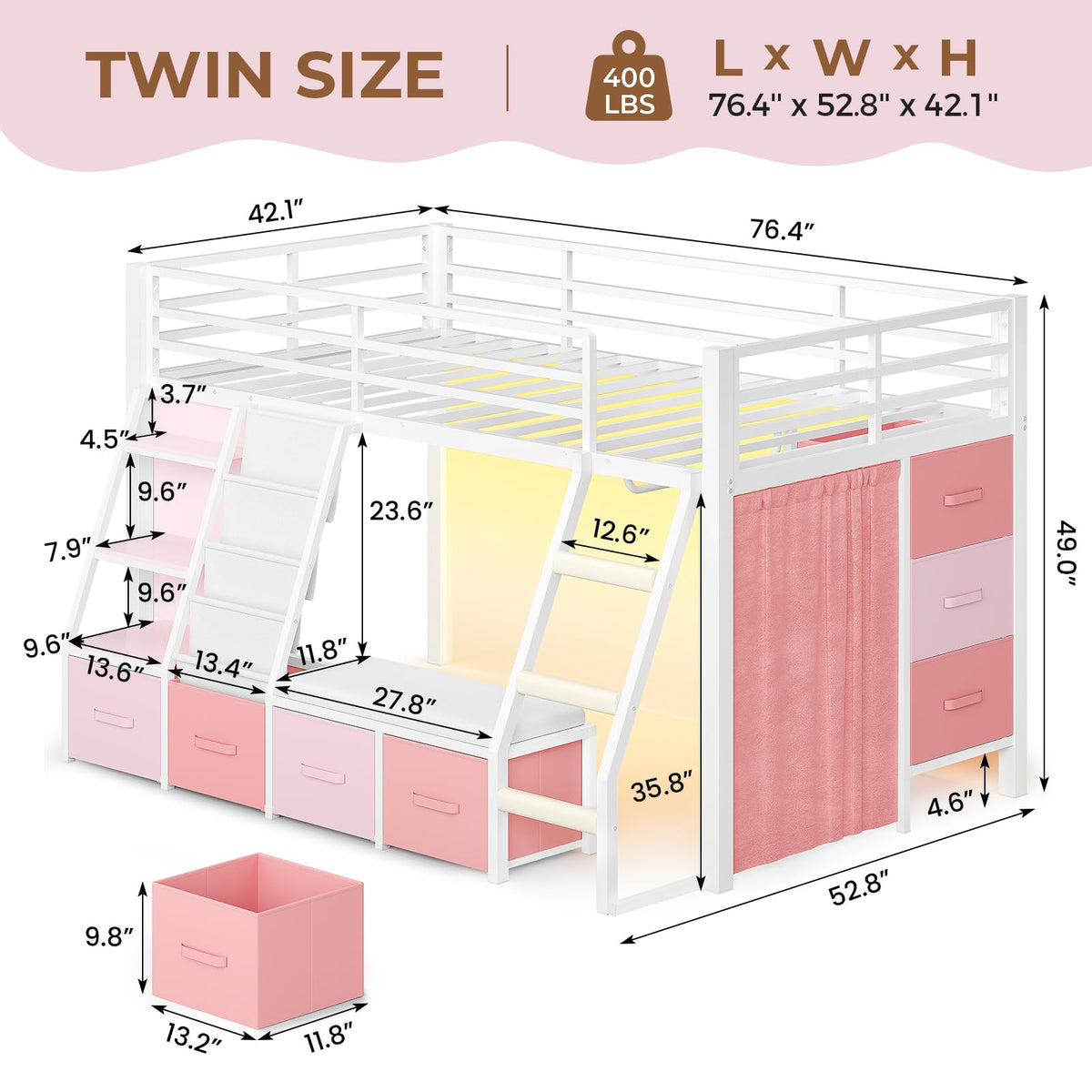 Twin Loft Bed with 7 Storage Drawers, Bookshelf, LED Lights & Guardrail, White & Pink H8576