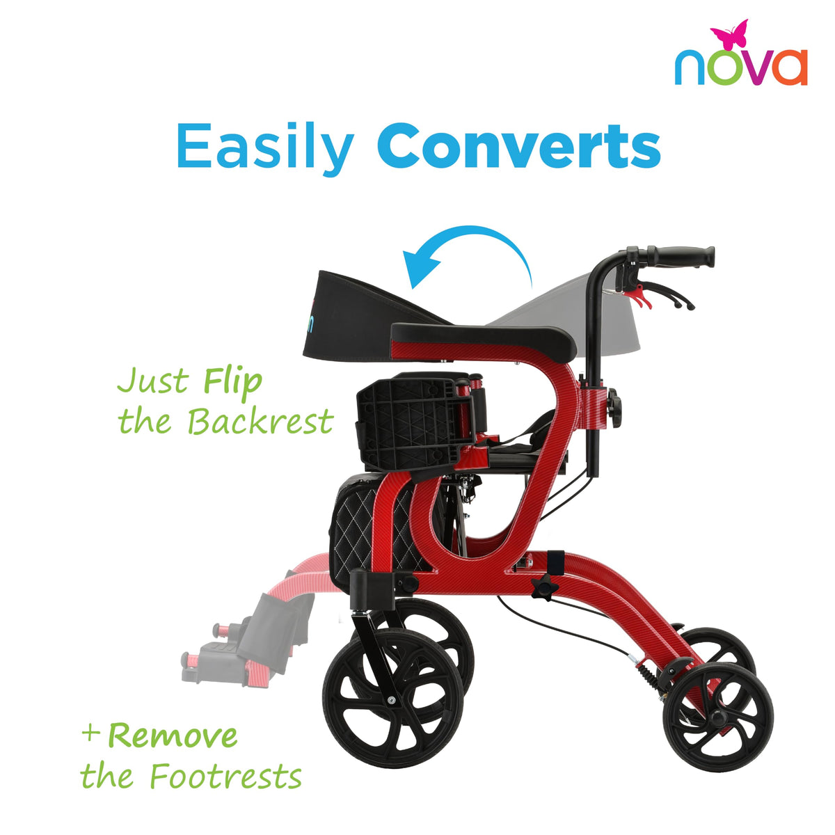 2-in-1 Rollator & Transport Wheelchair with Seat, Red G256