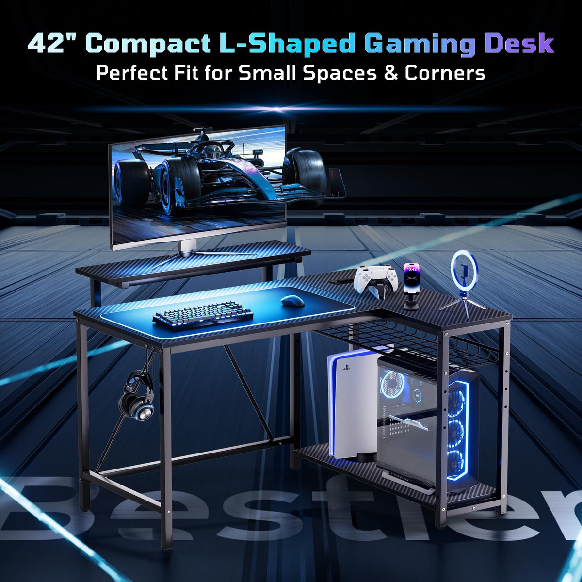 42-Inch L-Shaped Computer Desk with Charging & LED, Black Y5281