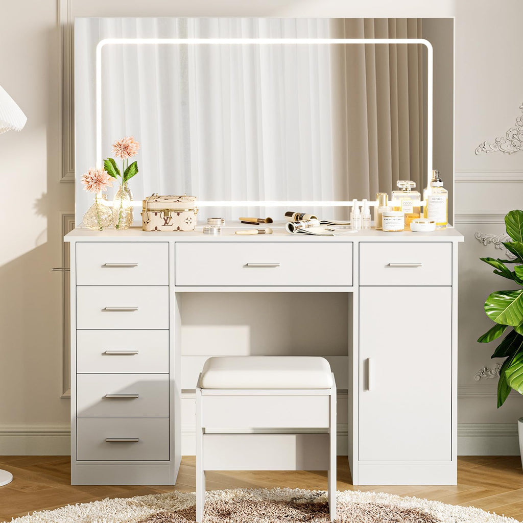 White 7 Drawer Vanity Desk with LED Mirror B6675