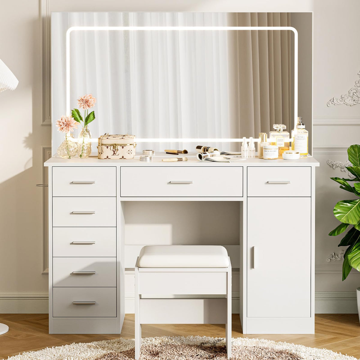 White 7 Drawer Vanity Desk with LED Mirror B6675