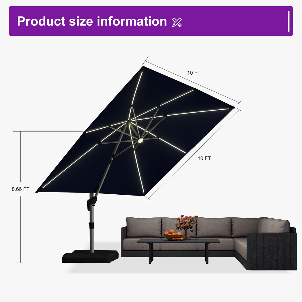 Navy Blue 10' X 10' Solar LED Patio Umbrella with Base V9000