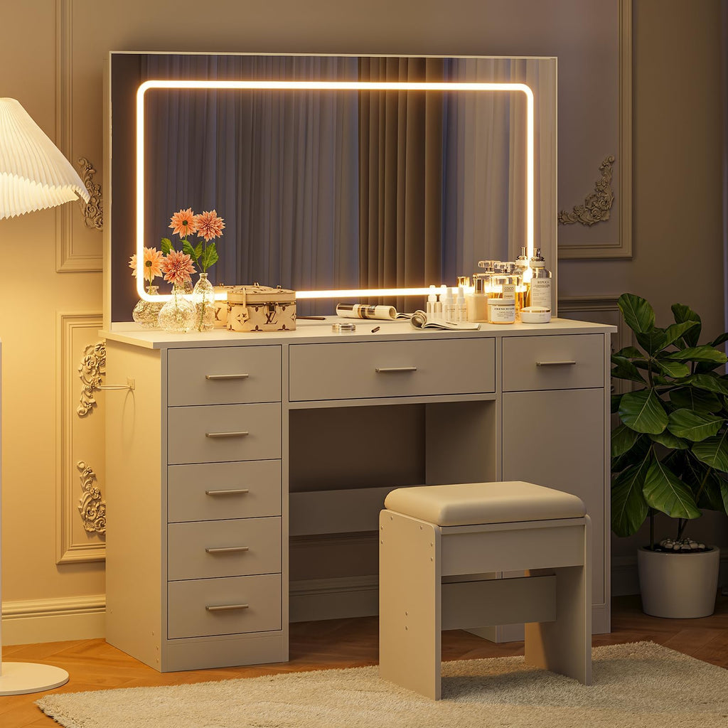White 7 Drawer Vanity Desk with LED Mirror B6675