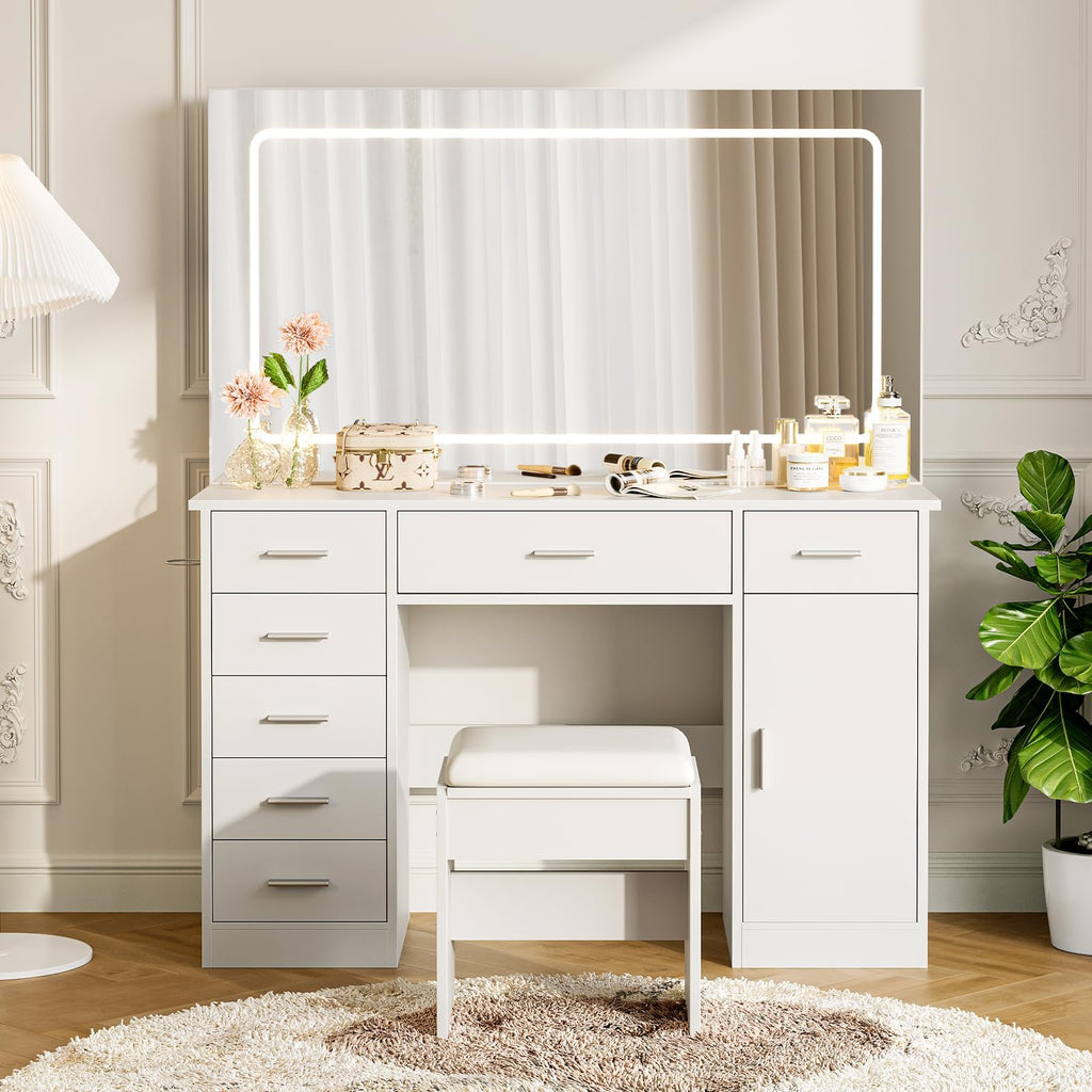 White 7 Drawer Vanity Desk with LED Mirror B6675