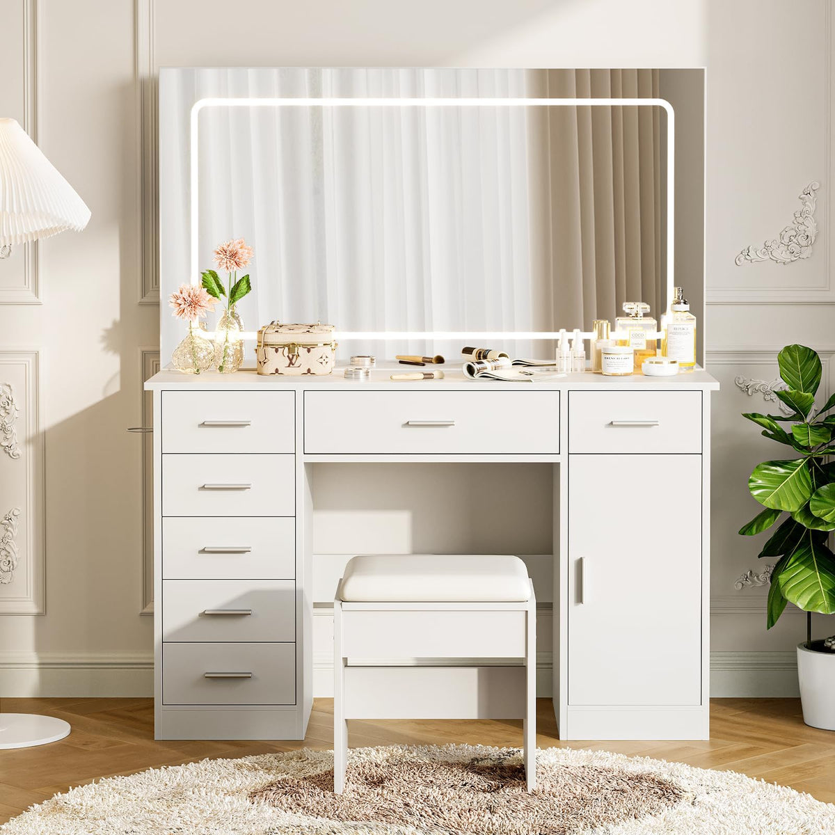 White 7 Drawer Vanity Desk with LED Mirror B6675