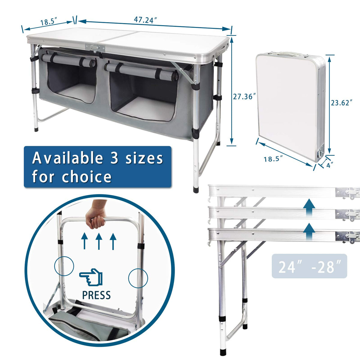 Aluminum Lightweight Height Adjustable Folding Table with Storage Organizer X2864