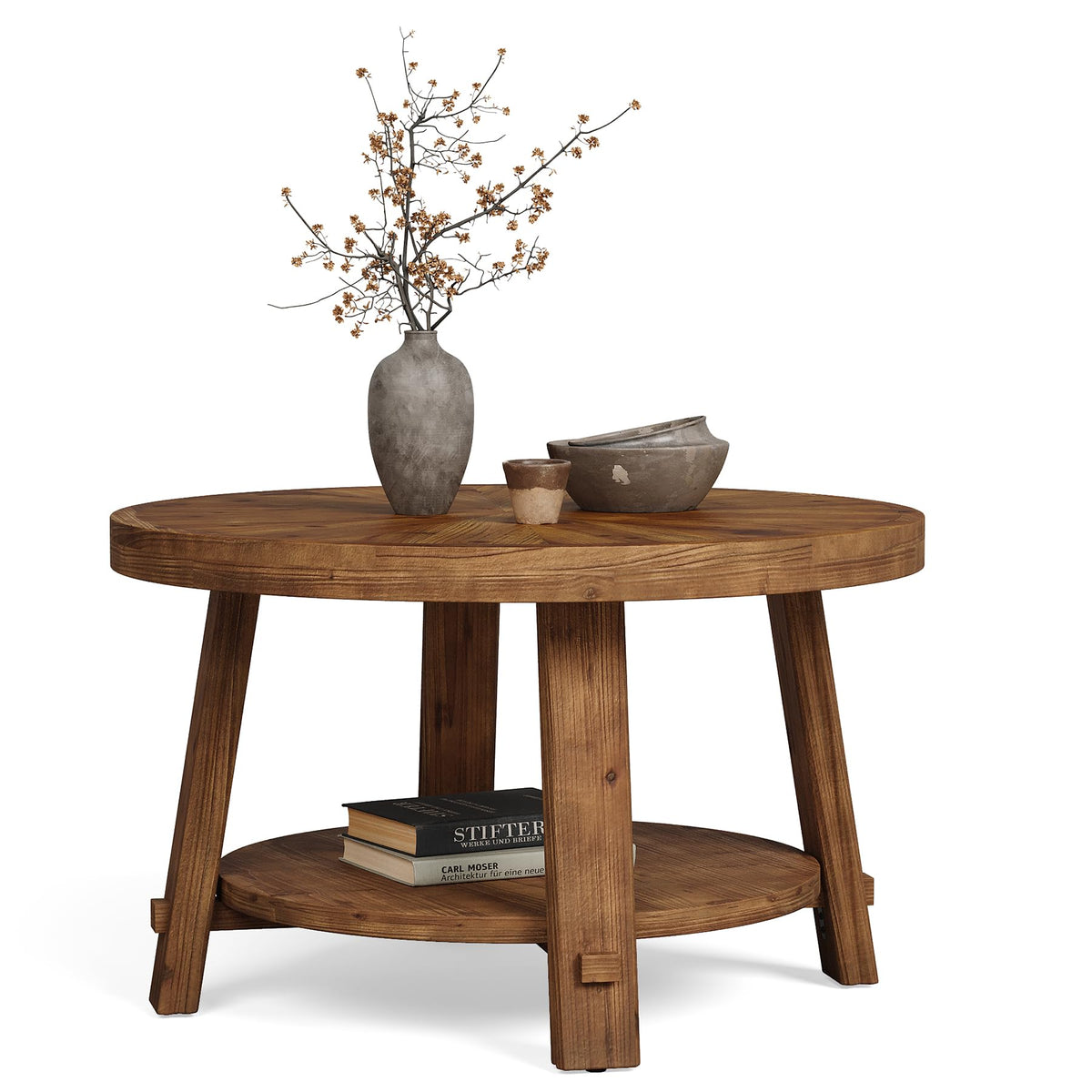 Solid Wood 2-Tier Round Coffee Table with Storage E3734