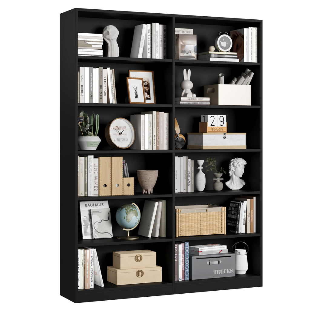 Black 6-Tier Double Wide Bookshelf W105