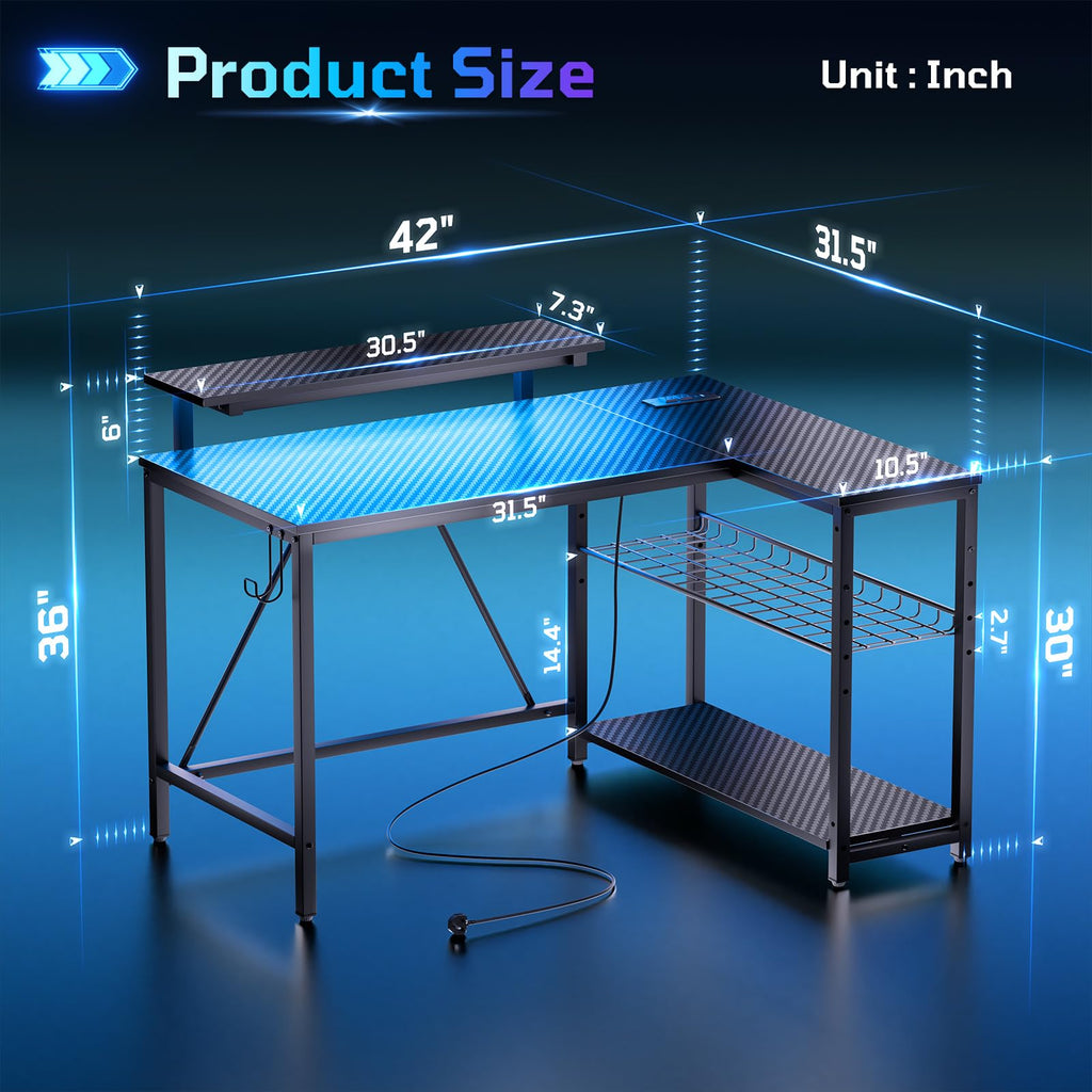42-Inch L-Shaped Computer Desk with Charging & LED, Black Y5281