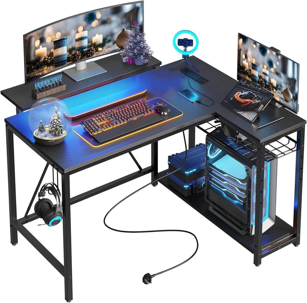 42-Inch L-Shaped Computer Desk with Charging & LED, Black Y5281