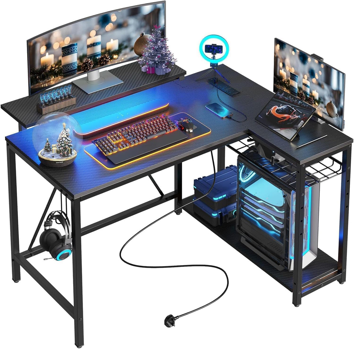 42-Inch L-Shaped Computer Desk with Charging & LED, Black Y5281