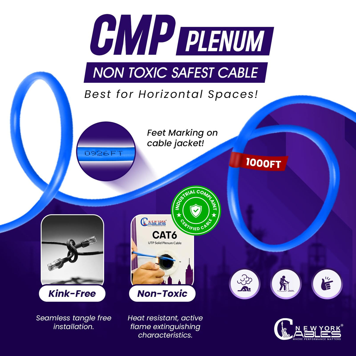 CAT6 Plenum Cable 1000ft 23AWG UTP 4Pairs 550MHz 10Gbps CMP Rated Blue G563