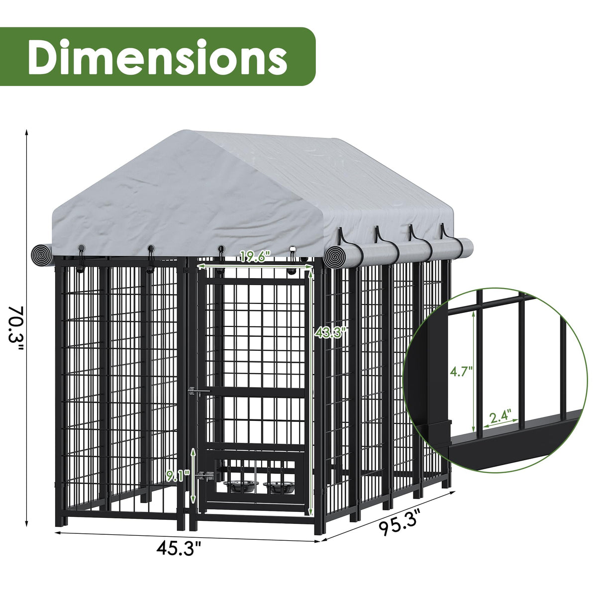 8x4x6 FT Metal Dog Kennel with 2 Dog Bowls G645956