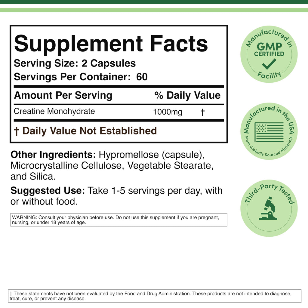 Creatine Monohydrate Capsules 1,000mg Vegan 120 Capsules J39222