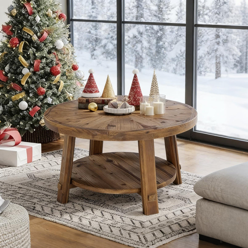 Solid Wood 2-Tier Round Coffee Table with Storage E3734