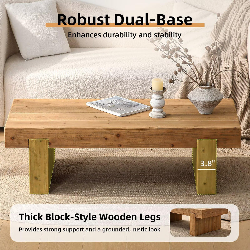 Solid Pine Wood Coffee Table, Rectangular Chunky Block Legs X36537
