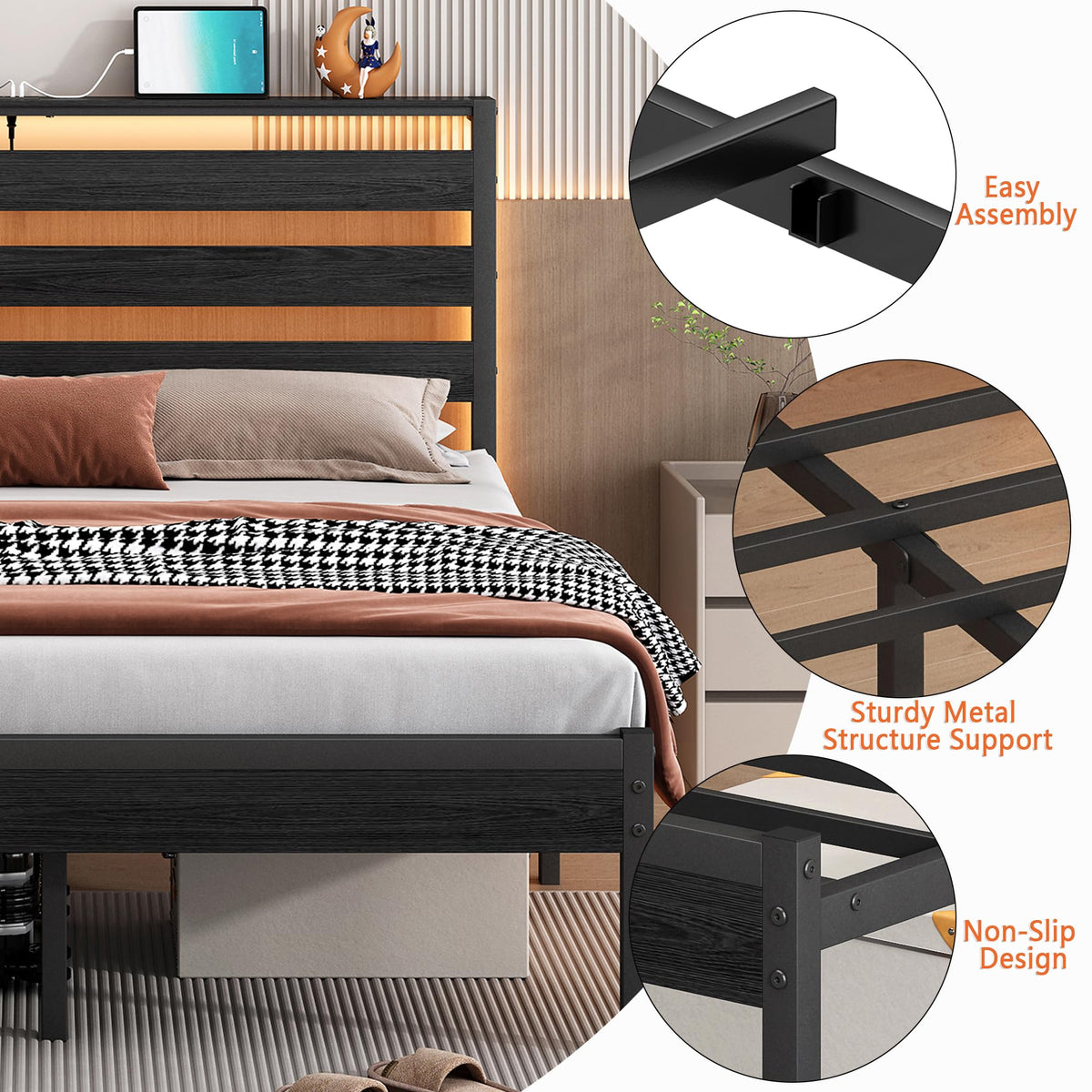 14 Inch Metal Platform Bed Frame with Headboard and USB Charging Station B2794