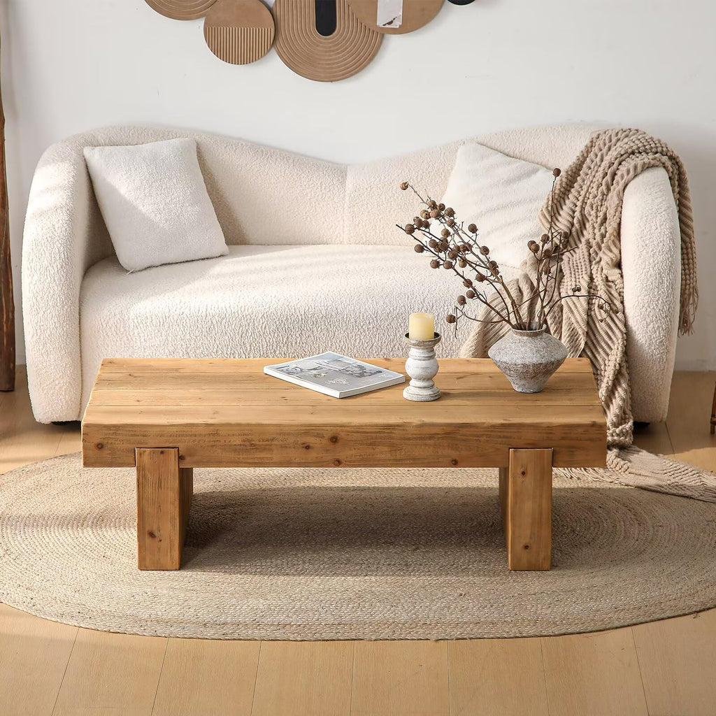 Solid Pine Wood Coffee Table, Rectangular Chunky Block Legs X36537