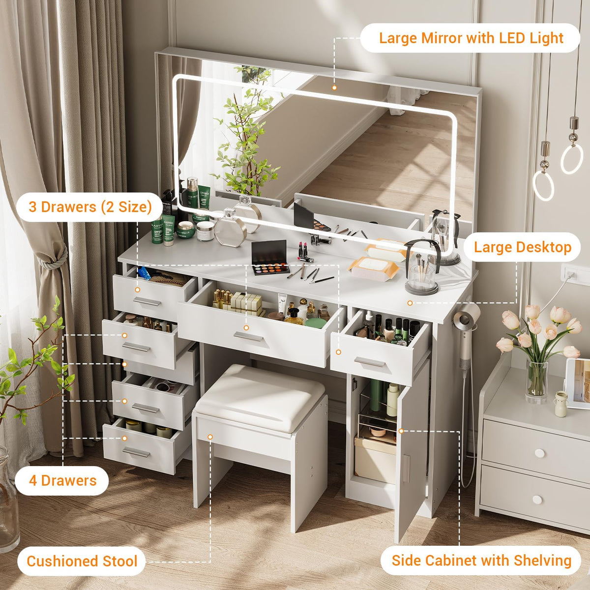 White 7 Drawer Vanity Desk with LED Mirror B6675