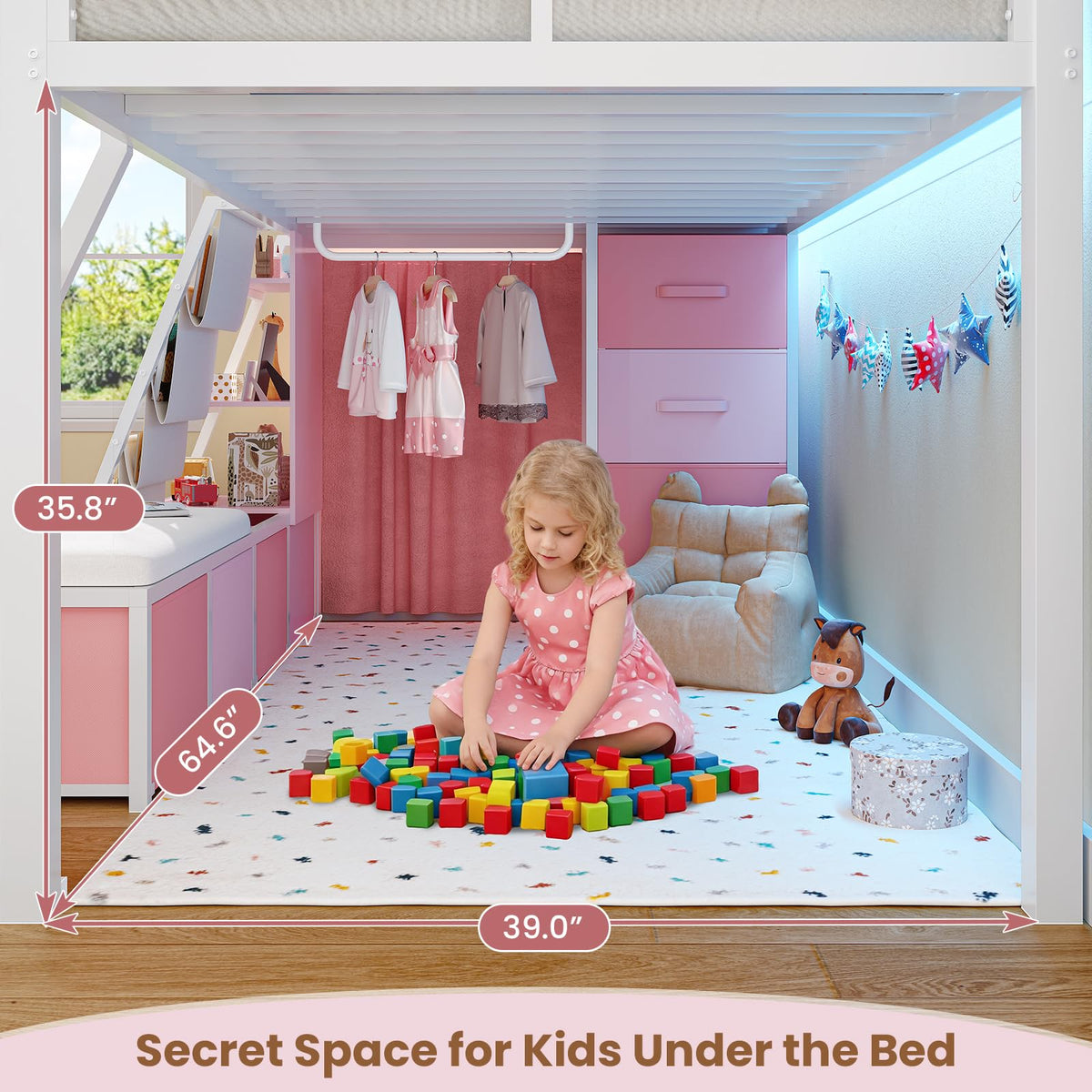 Twin Loft Bed with 7 Storage Drawers, Bookshelf, LED Lights & Guardrail, White & Pink H8576