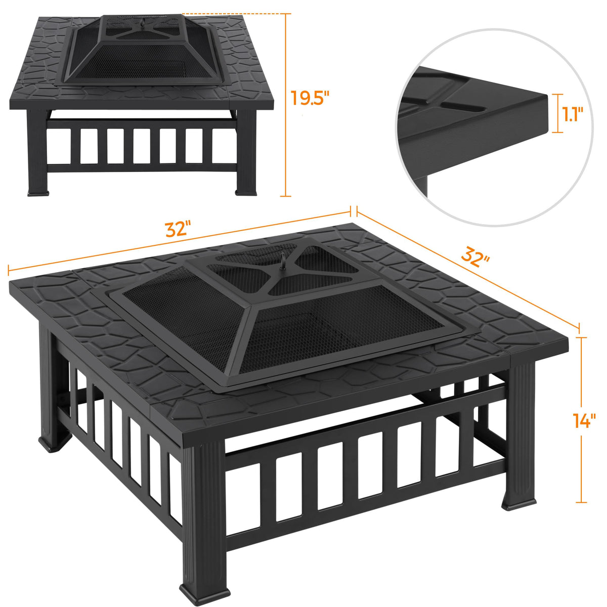 32in Square Metal Fire Pit Table X1198