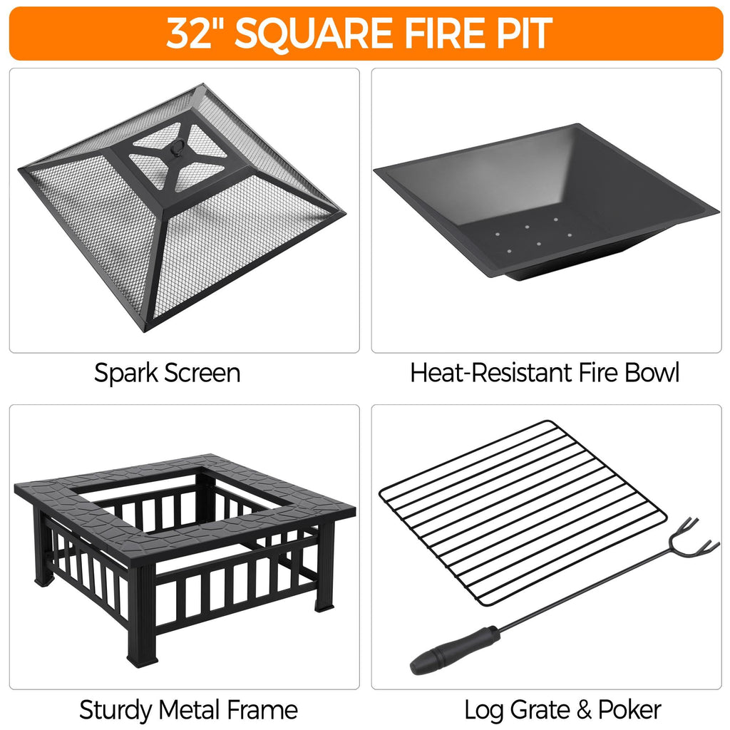 32in Square Metal Fire Pit Table X1198