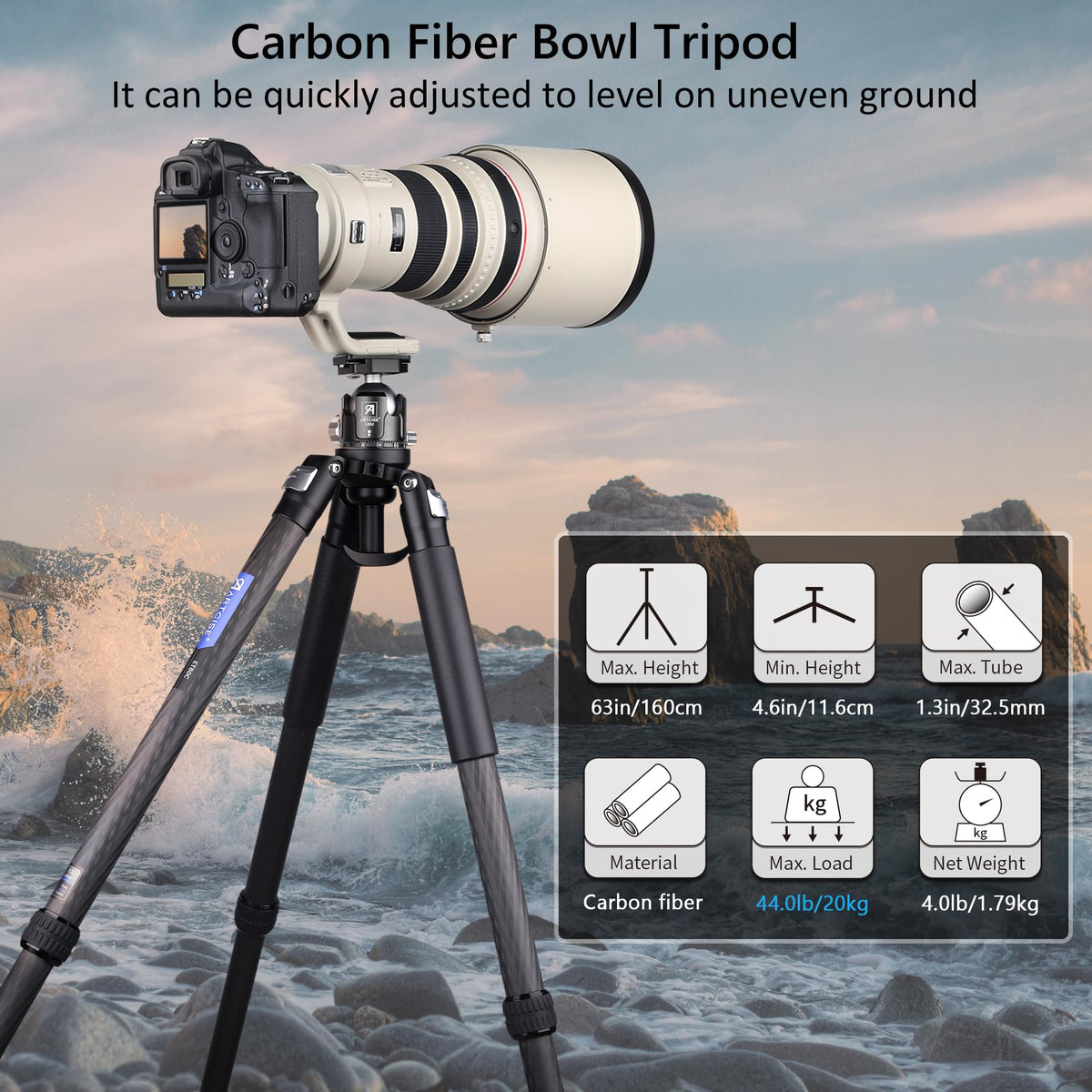 Carbon Fiber 32mm Tube Camera Tripod with 65mm Bowl Adapter U383