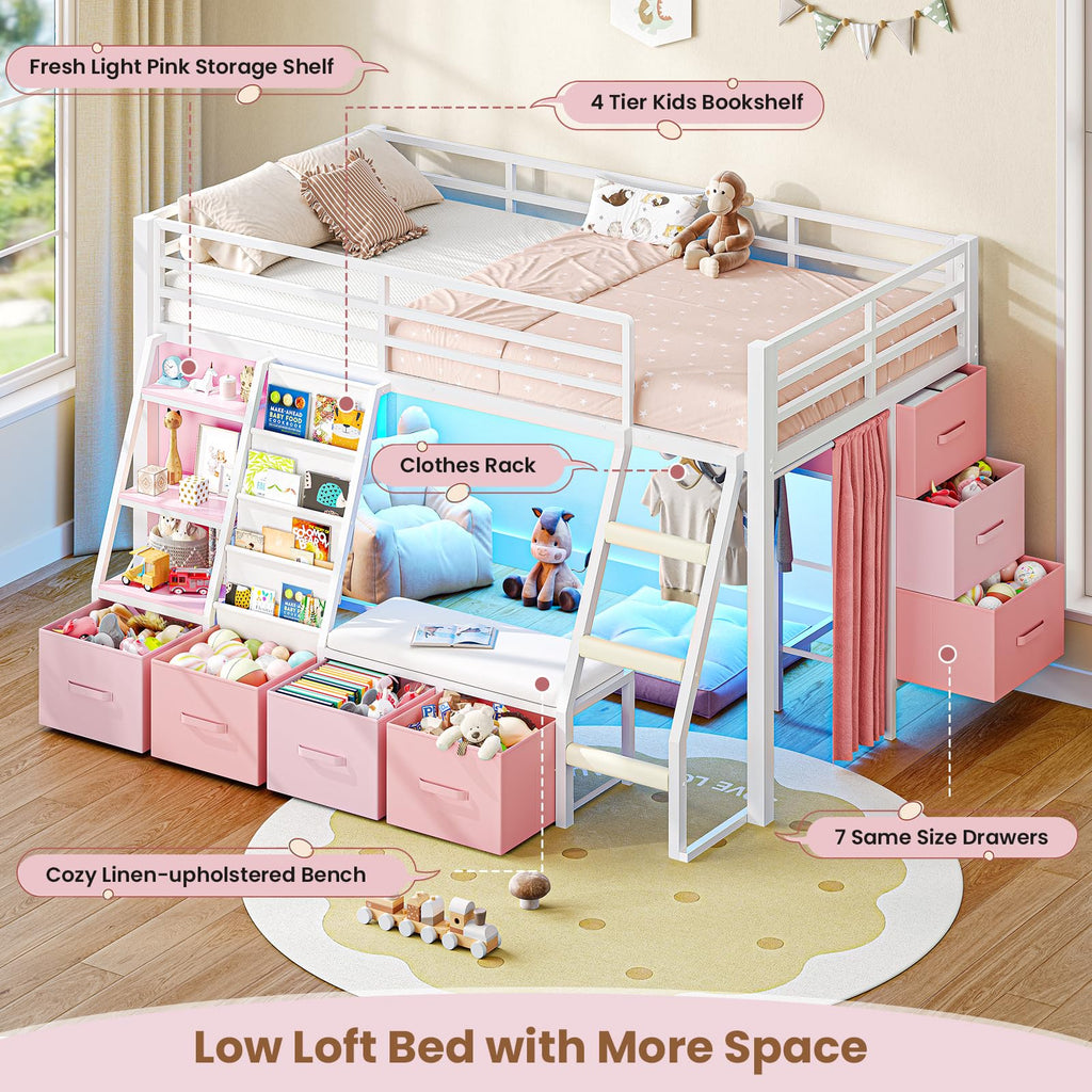 Twin Loft Bed with 7 Storage Drawers, Bookshelf, LED Lights & Guardrail, White & Pink H8576