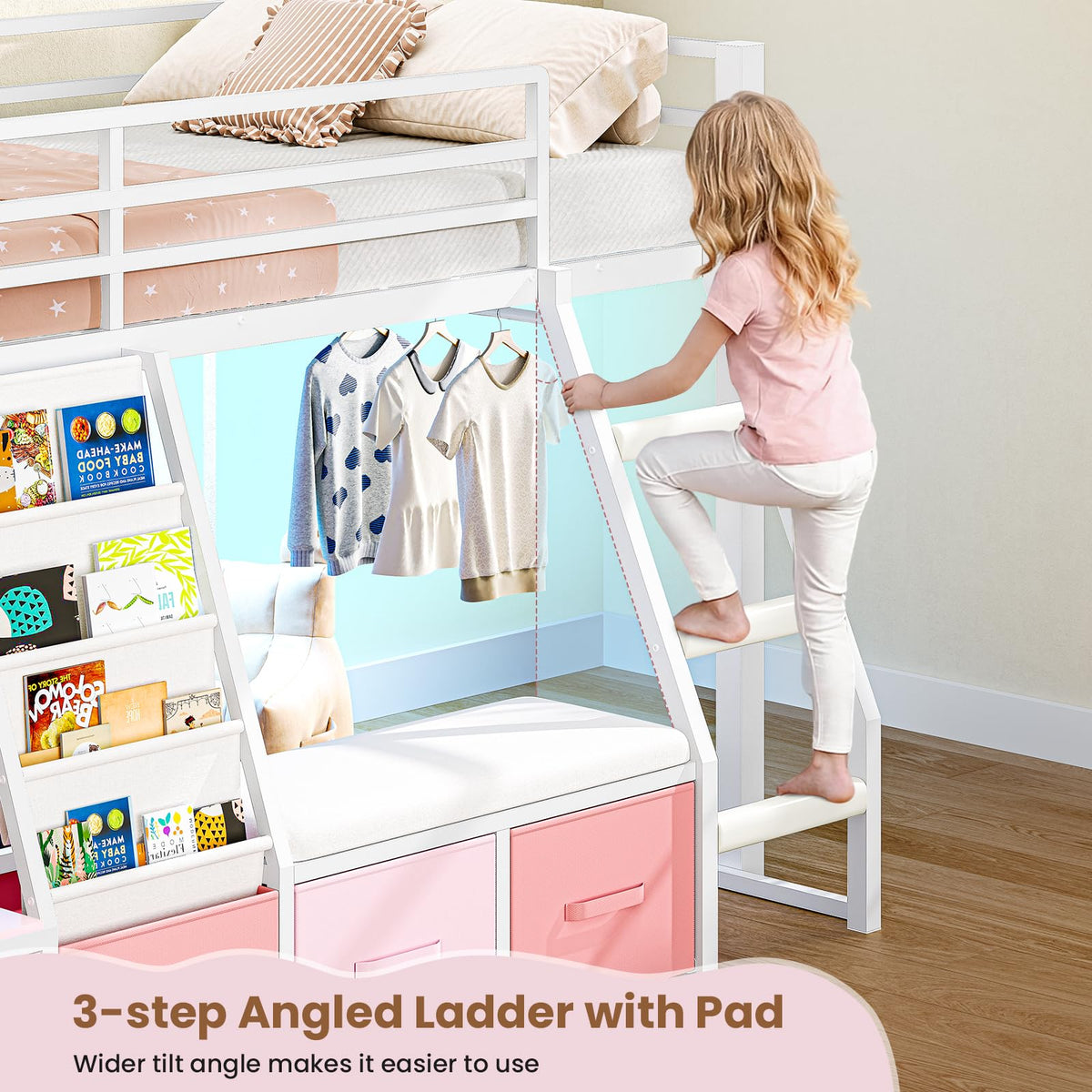 Twin Loft Bed with 7 Storage Drawers, Bookshelf, LED Lights & Guardrail, White & Pink H8576