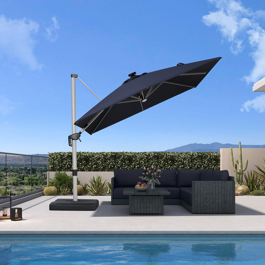 Navy Blue 10' X 10' Solar LED Patio Umbrella with Base V9000