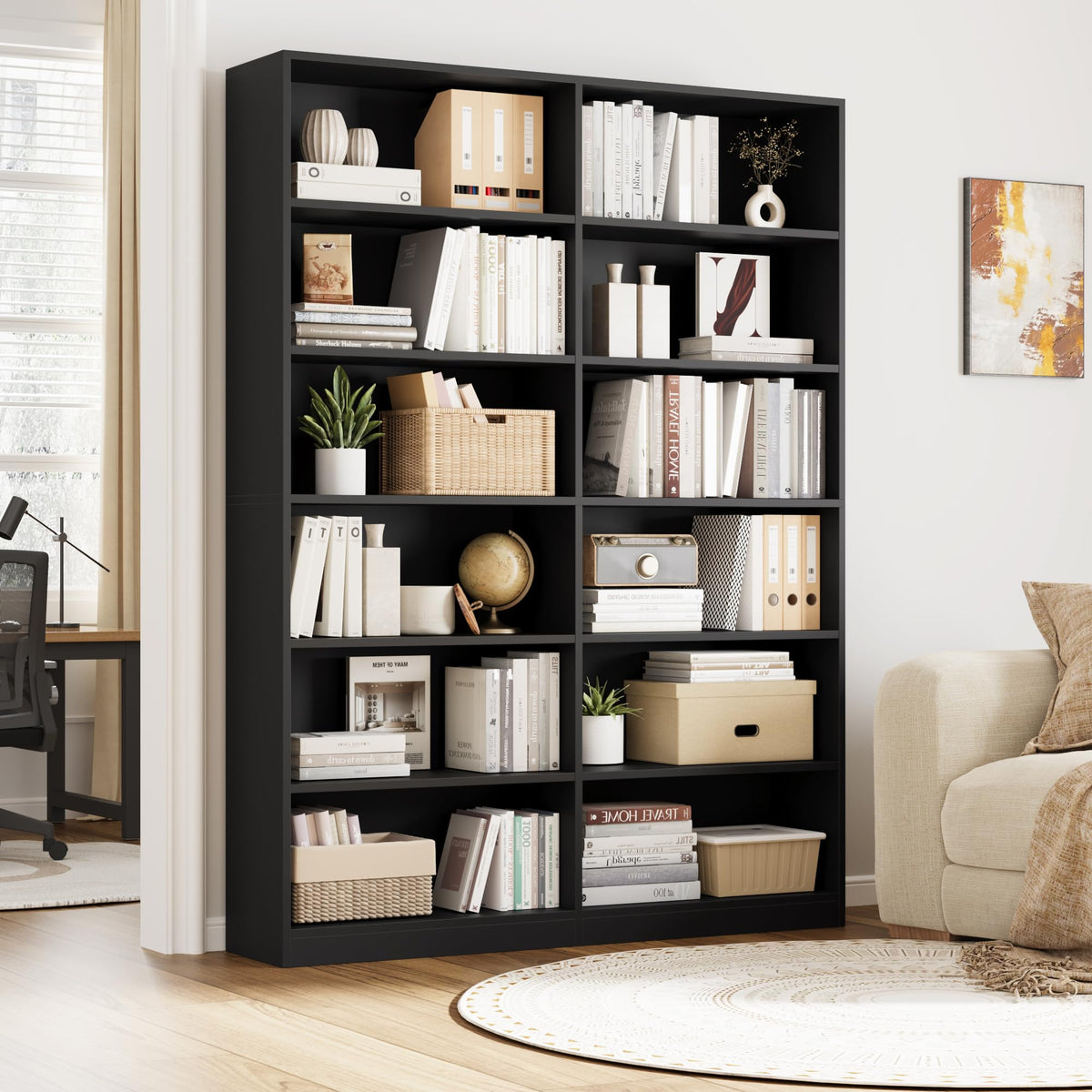 Black 6-Tier Double Wide Bookshelf W105