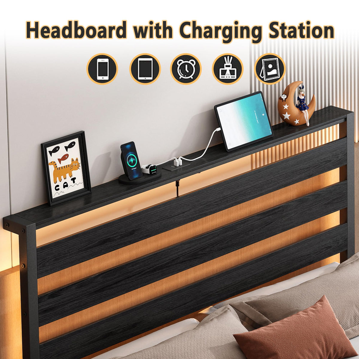 14 Inch Metal Platform Bed Frame with Headboard and USB Charging Station B2794