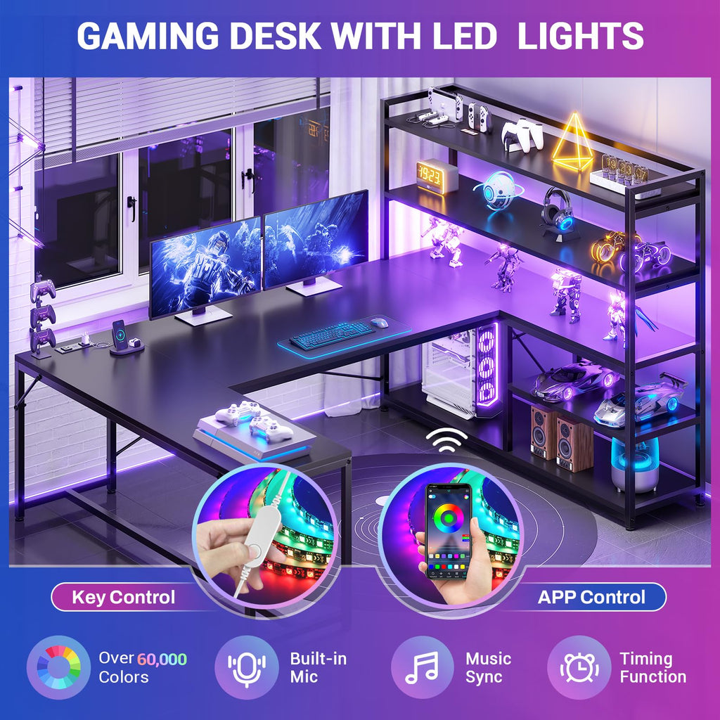 Black L Shaped Gaming Desk with Power Outlet and Storage Shelves X453