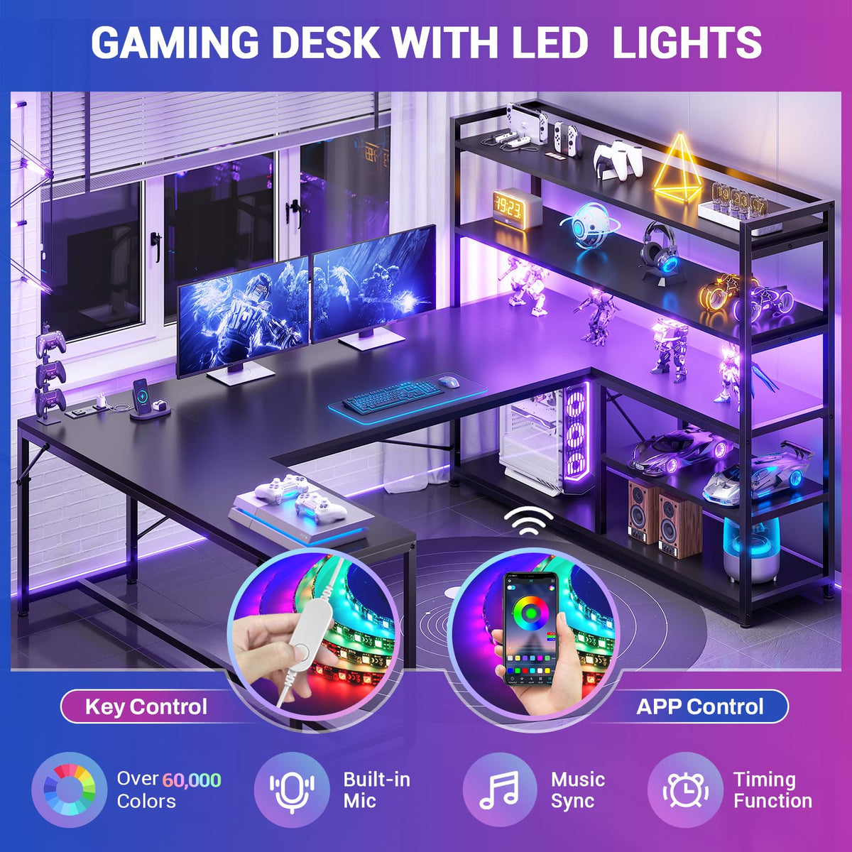 Black L Shaped Gaming Desk with Power Outlet and Storage Shelves X453