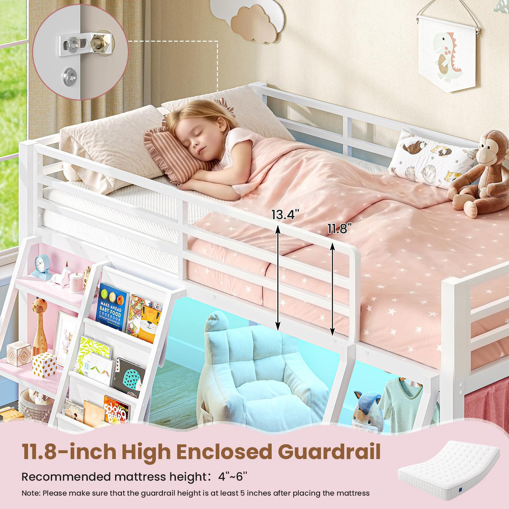 Twin Loft Bed with 7 Storage Drawers, Bookshelf, LED Lights & Guardrail, White & Pink H8576