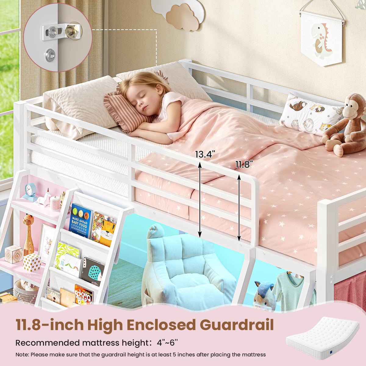 Twin Loft Bed with 7 Storage Drawers, Bookshelf, LED Lights & Guardrail, White & Pink H8576