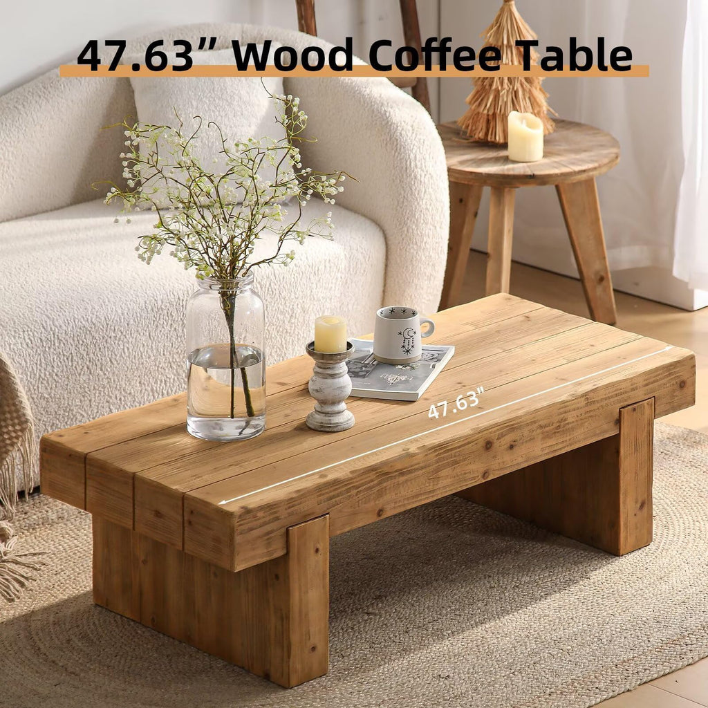 Solid Pine Wood Coffee Table, Rectangular Chunky Block Legs X36537
