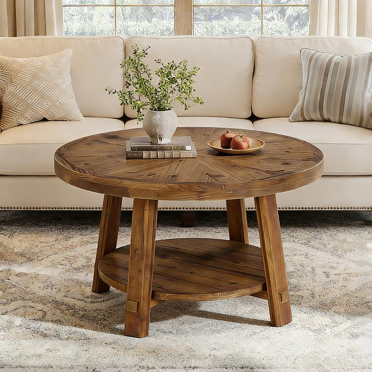 Solid Wood 2-Tier Round Coffee Table with Storage E3734