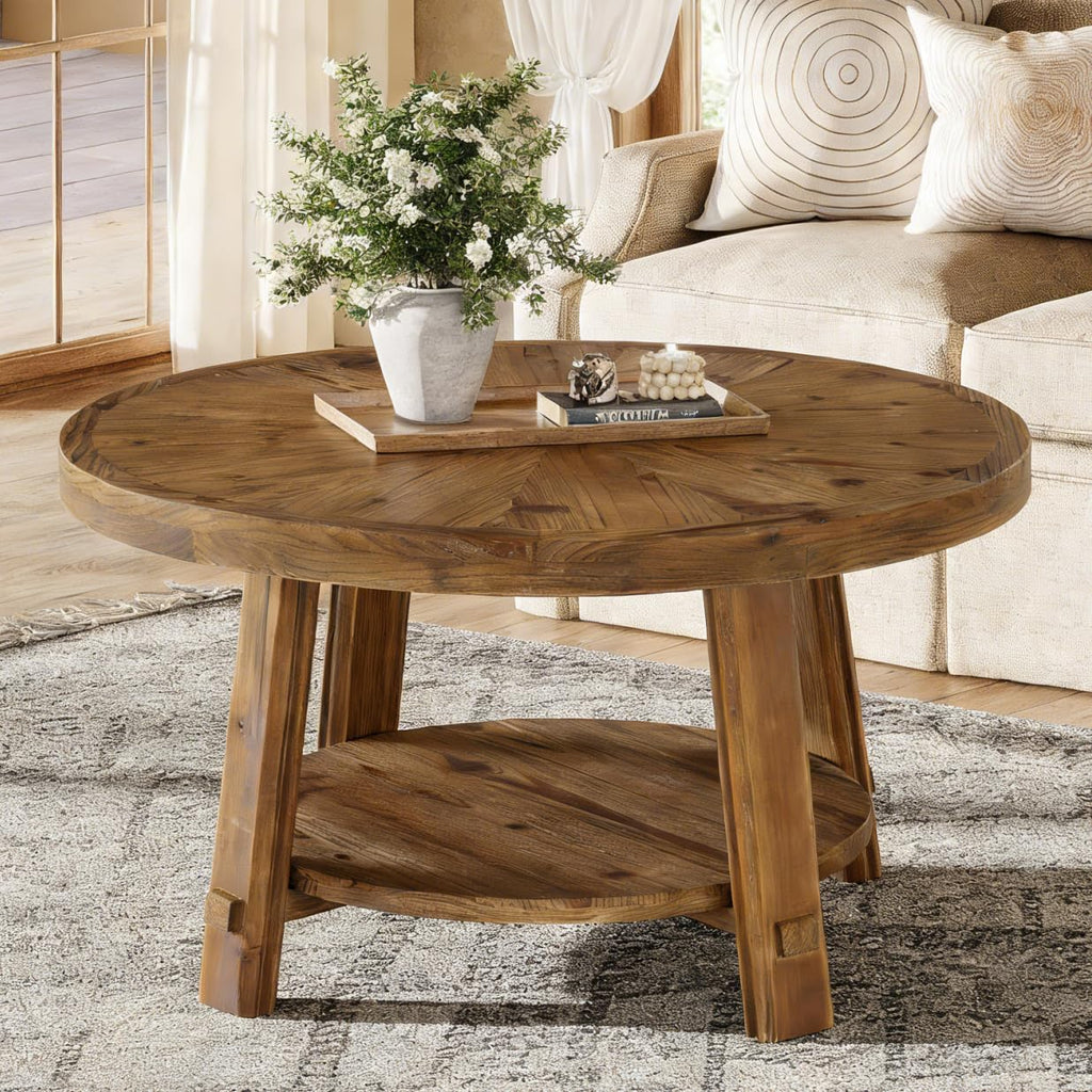 Solid Wood 2-Tier Round Coffee Table with Storage E3734