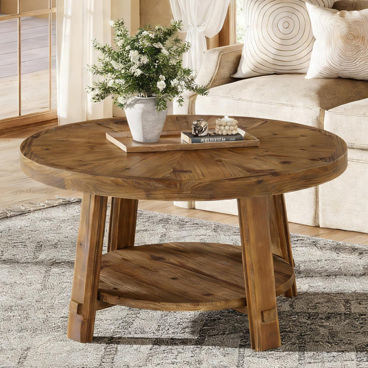 Solid Wood 2-Tier Round Coffee Table with Storage E3734
