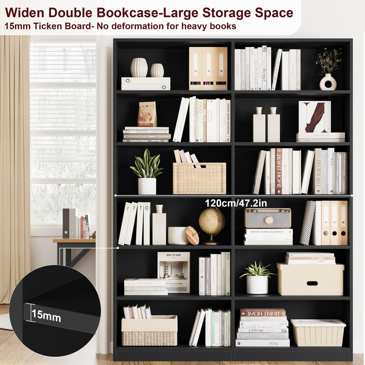 Black 6-Tier Double Wide Bookshelf W105