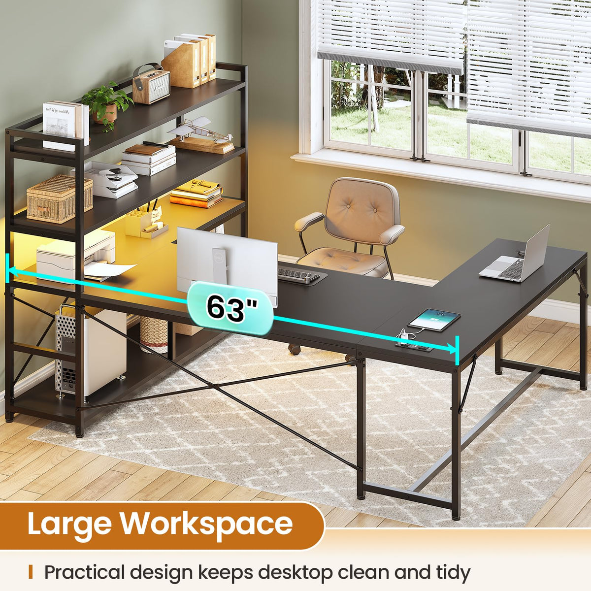 Black L Shaped Gaming Desk with Power Outlet and Storage Shelves X453