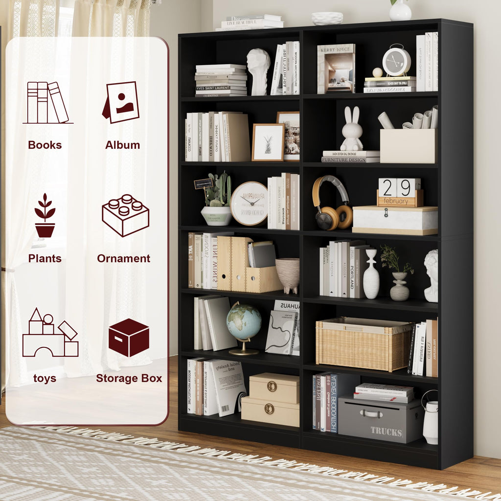 Black 6-Tier Double Wide Bookshelf W105