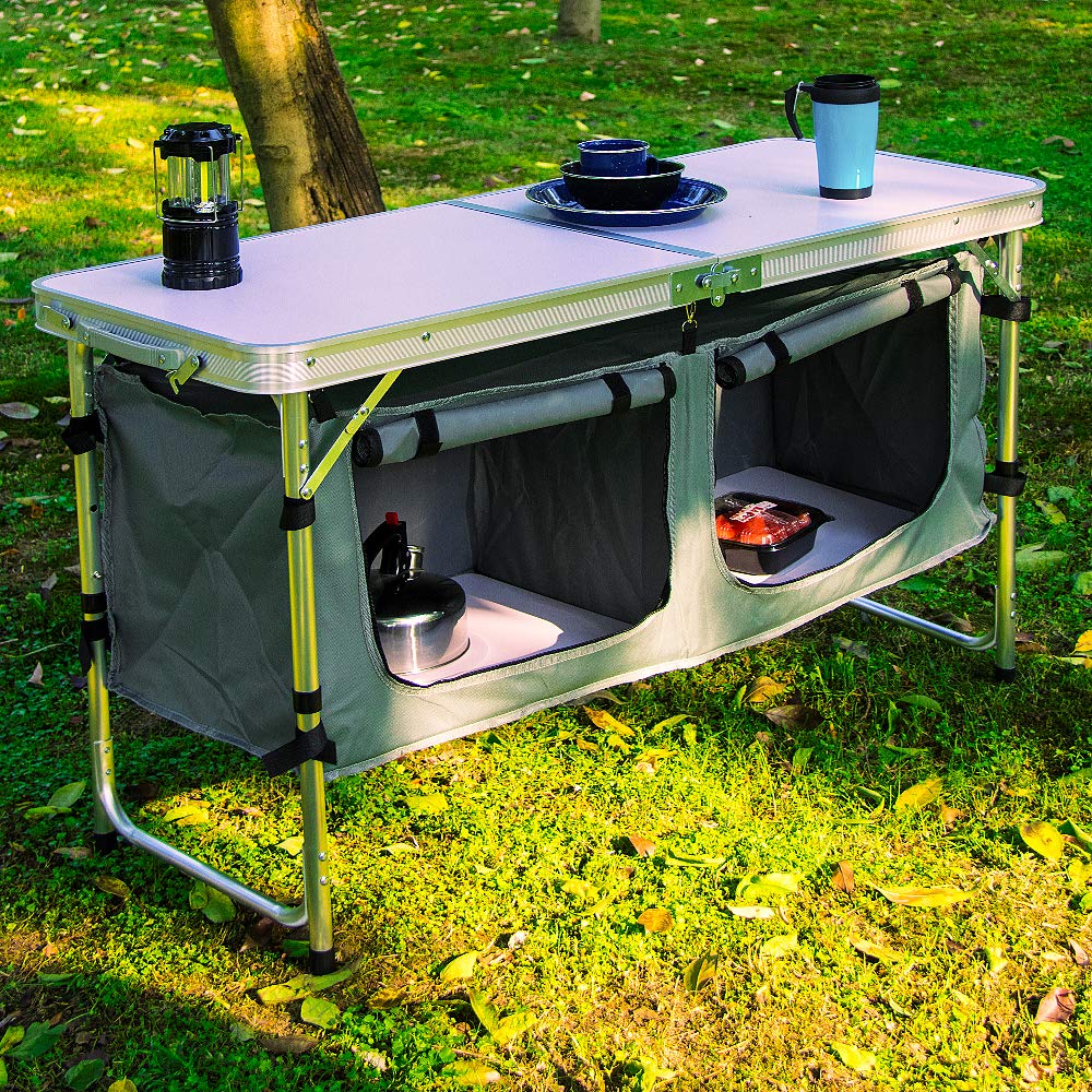 Aluminum Lightweight Height Adjustable Folding Table with Storage Organizer X2864